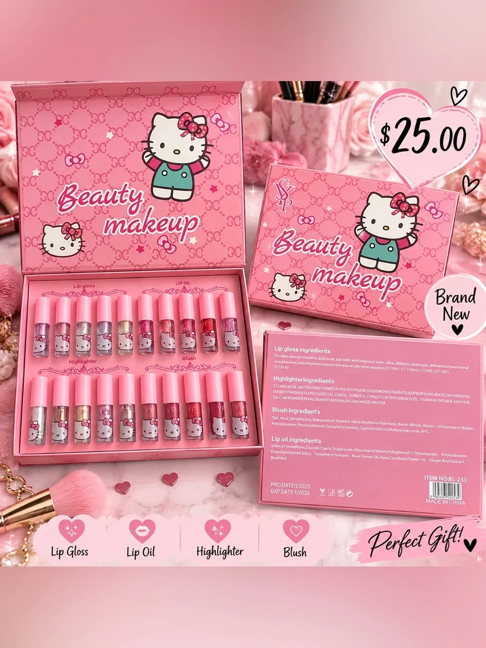 Hello Kitty Pink Lip Gloss & Lip Oil Beauty Makeup Set